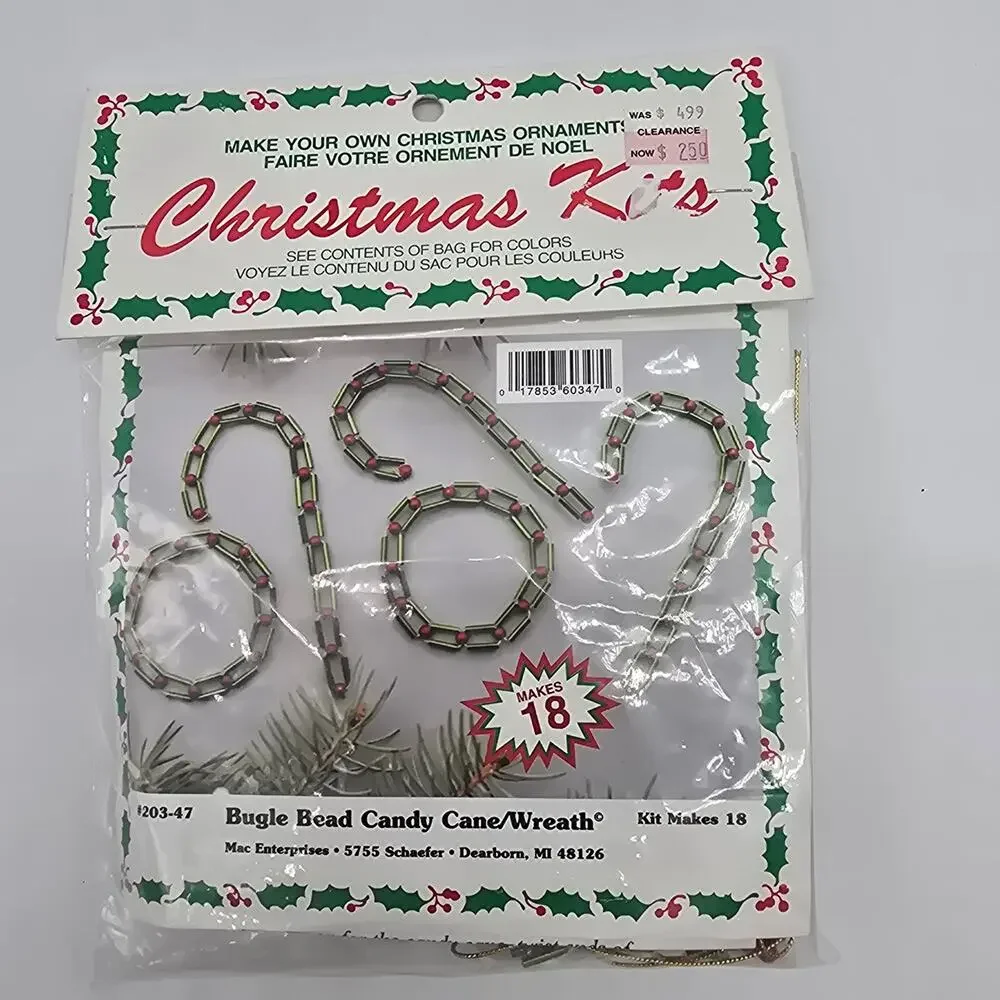 VTG Merri Mac Christmas Craft Kit #203-47 Bugle Bead Candy Canes & Wreaths